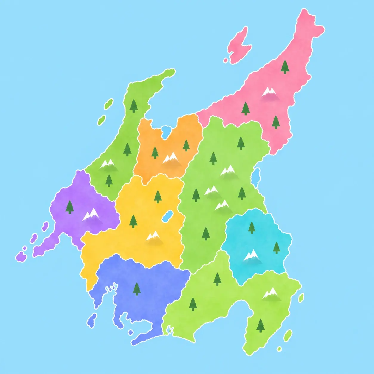 中部・北陸 9 県を県ごとに塗り分けた地図