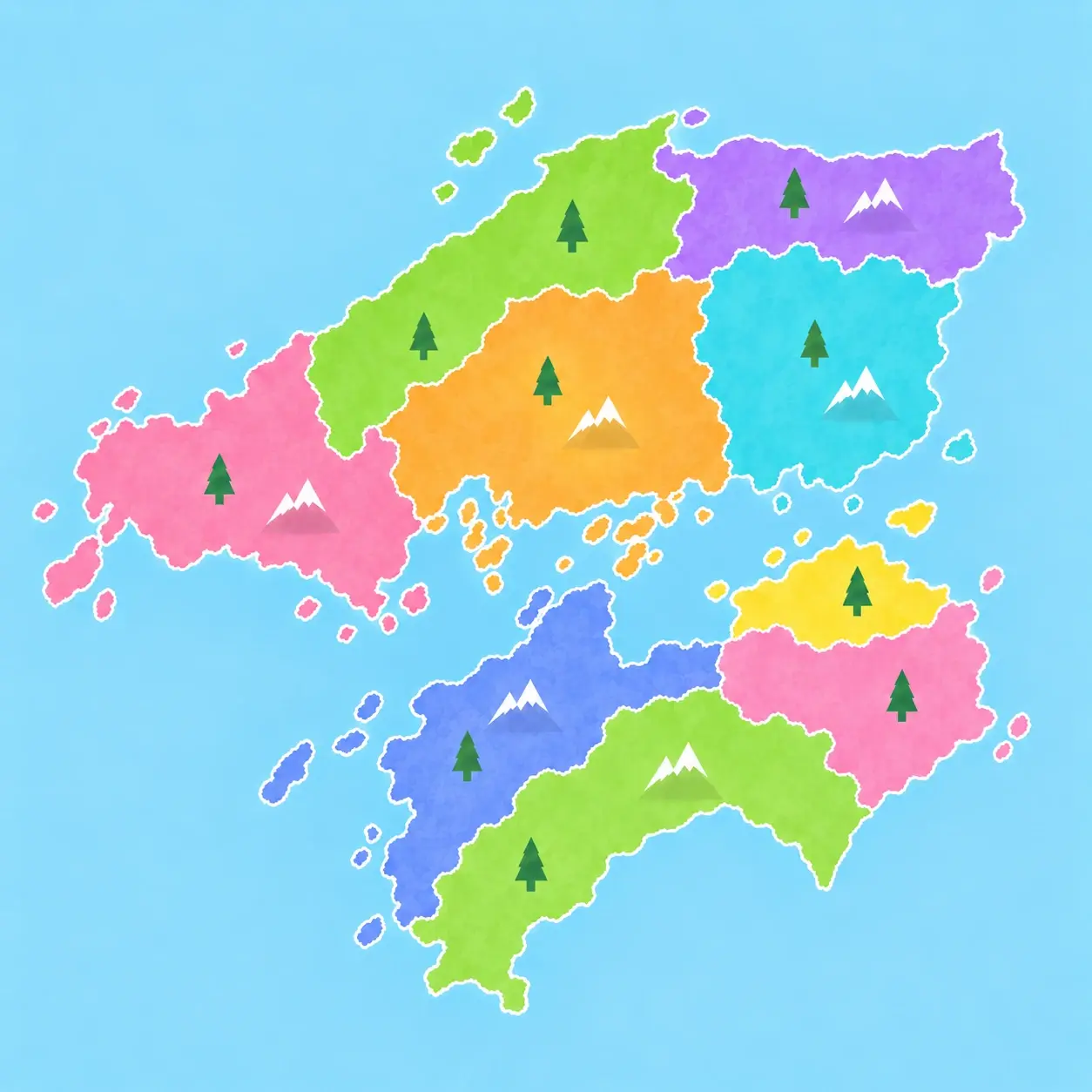 中国・四国 9 県を県ごとに塗り分けた地図