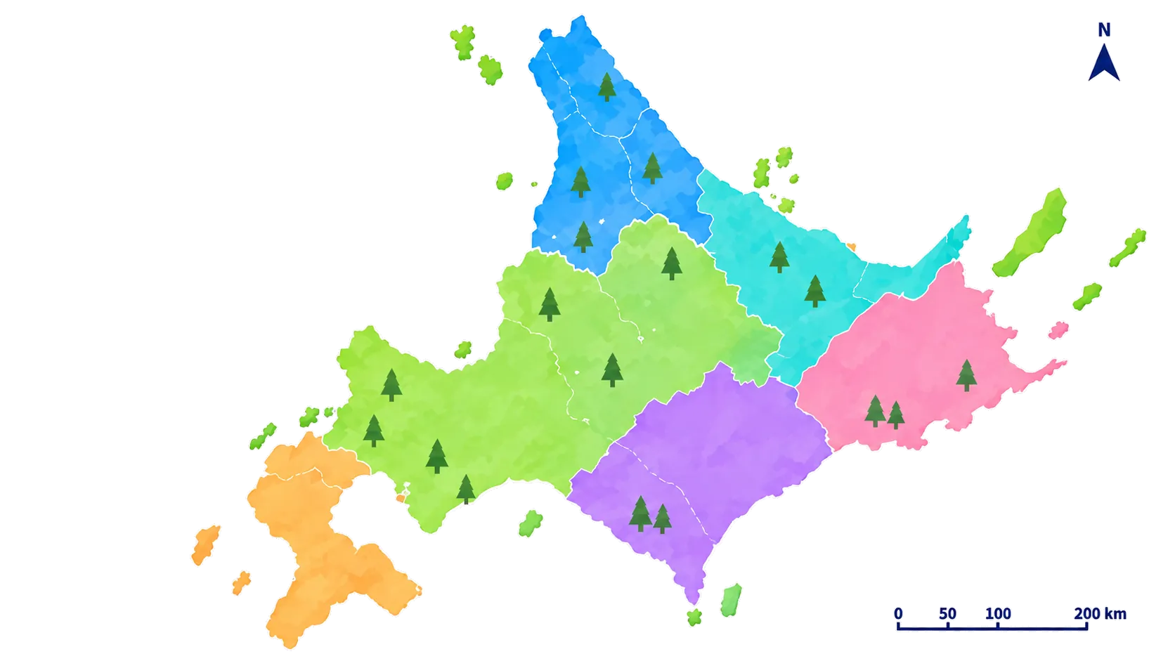 北海道を 6 つのエリアに塗り分けた地図