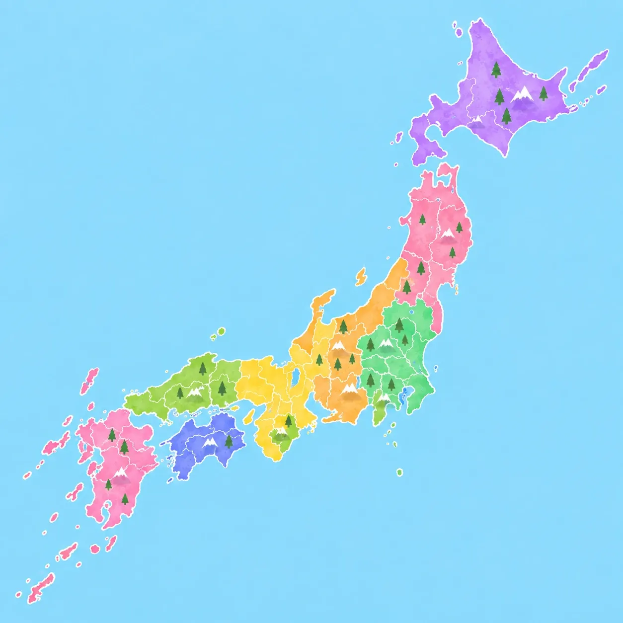 日本列島を 8 つの地方に塗り分けた地図