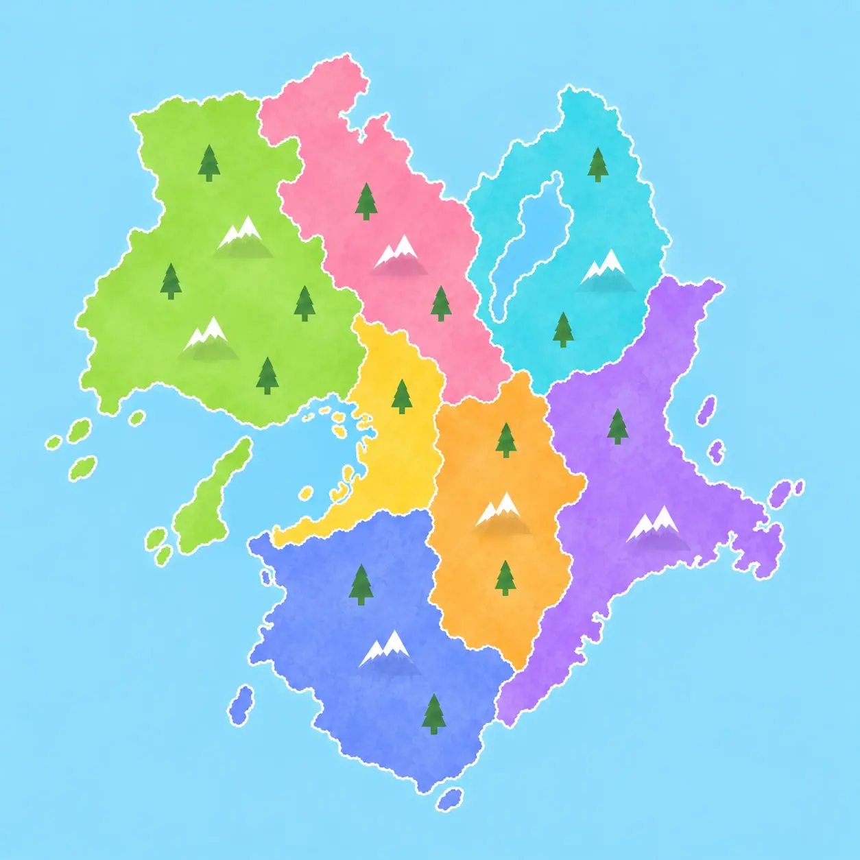 関西 7 府県を県ごとに塗り分けた地図