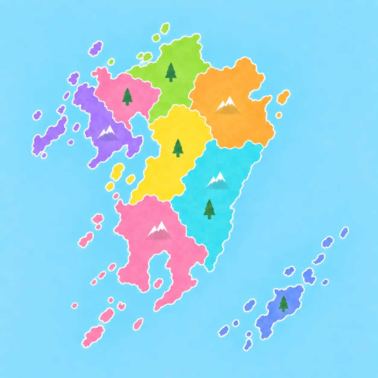 九州・沖縄 8 県を県ごとに塗り分けた地図