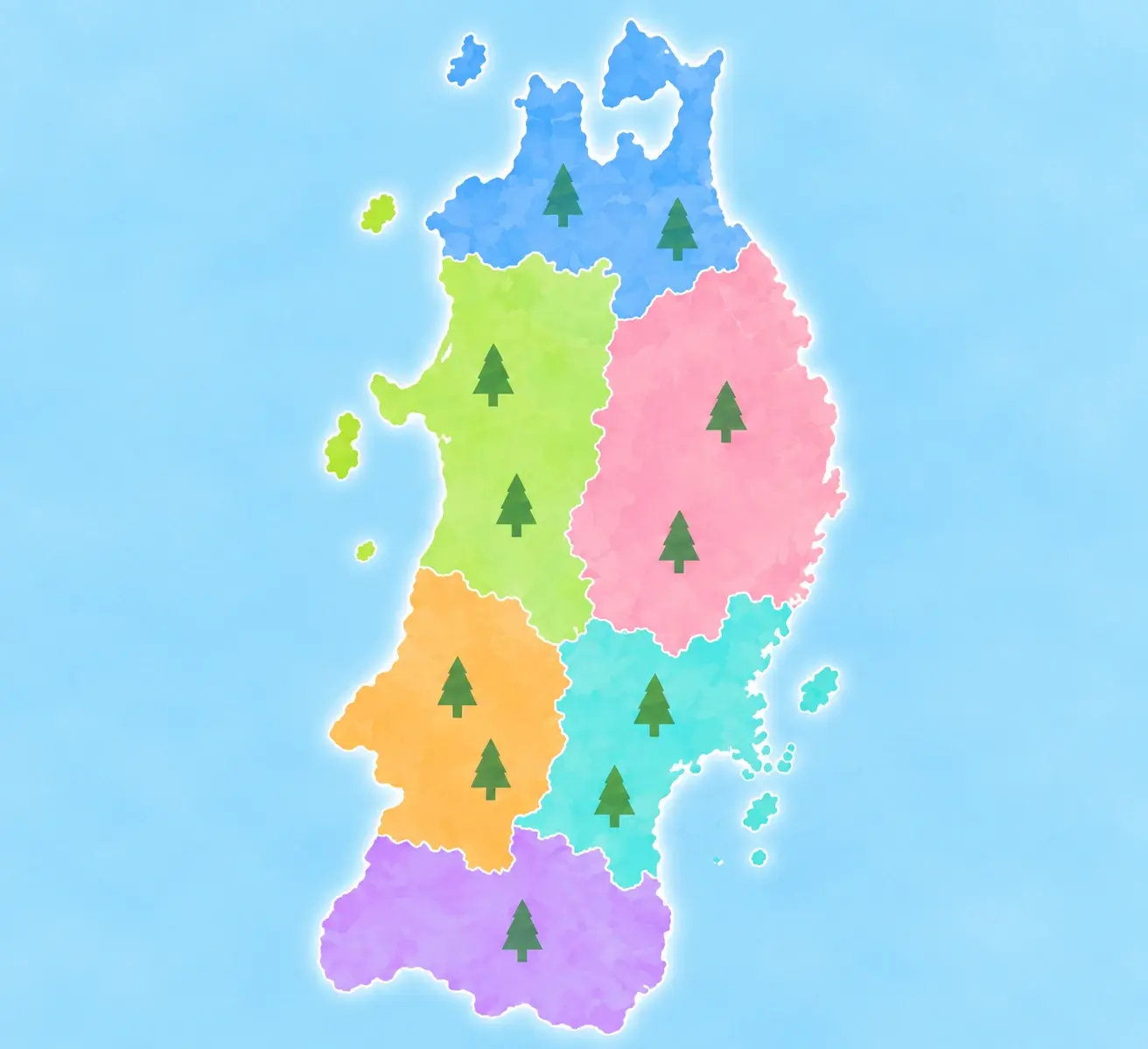 東北 6 県を県ごとに塗り分けた地図